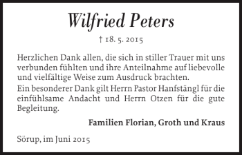 Traueranzeige von Wilfried Peters von Flensburger Tageblatt