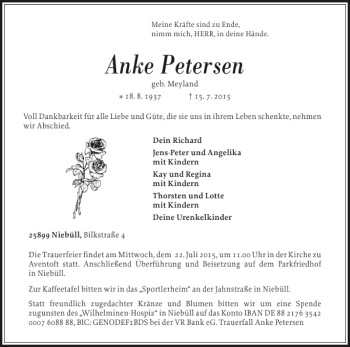 Traueranzeige von Anke Petersen von Nordfriesland Tageblatt