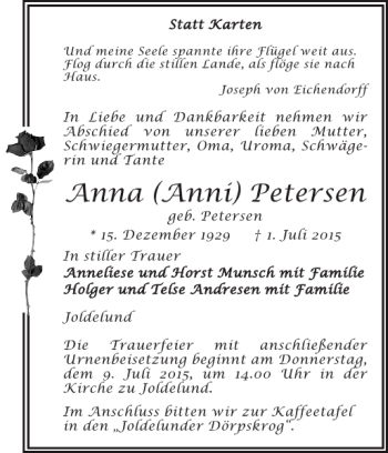 Traueranzeige von Anna Anni Petersen von Husumer Nachrichten