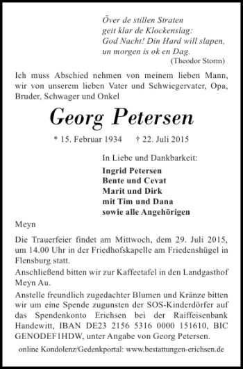 Traueranzeige von Georg Petersen von Flensburger Tageblatt