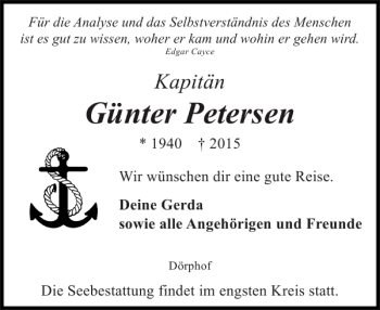 Traueranzeige von Günter Petersen von Schlei-Bote