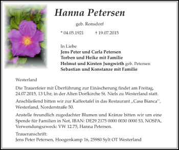 Traueranzeige von Hanna Petersen von Sylter Rundschau