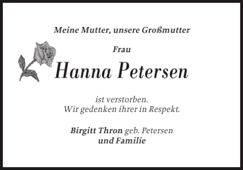 Traueranzeige von Hanna Petersen von Sylter Rundschau