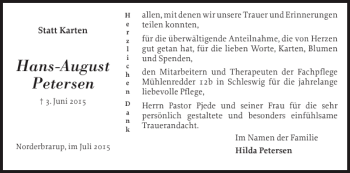 Traueranzeige von Hans-August Petersen von Flensburger Tageblatt