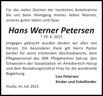 Traueranzeige von Hans Werner Petersen von Flensburger Tageblatt
