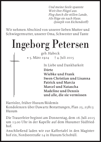 Traueranzeige von Ingeborg Petersen von Husumer Nachrichten