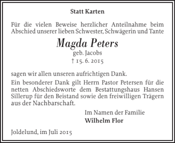 Traueranzeige von Magda Peters von Husumer Nachrichten