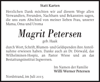 Traueranzeige von Magrit Petersen von Husumer Nachrichten