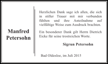Traueranzeige von Manfred Petersohn von Stormarner Tageblatt