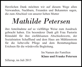 Traueranzeige von Mathilde Petersen von Flensburger Tageblatt