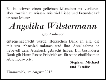 Traueranzeige von Angelika Wilstermann von Flensburger Tageblatt