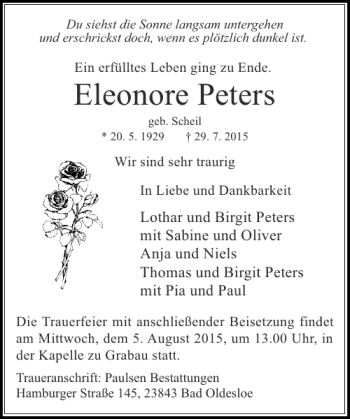 Traueranzeige von Eleonore Peters von Stormarner Tageblatt