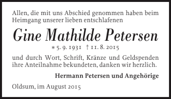 Traueranzeige von Gine Mathilde Petersen von Der Insel-Bote