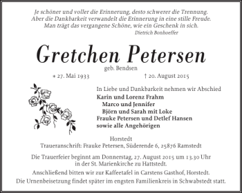 Traueranzeige von Gretchen Petersen von Husumer Nachrichten