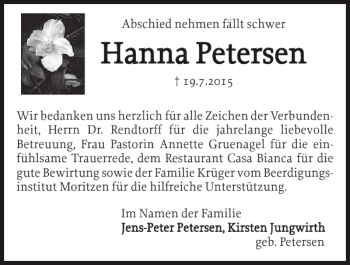 Traueranzeige von Hanna Petersen von Sylter Rundschau