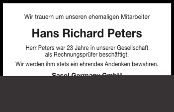 Traueranzeige von Hans Richard Peters von Norddeutsche Rundschau