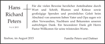 Traueranzeige von Hans Richard Peters von Norddeutsche Rundschau