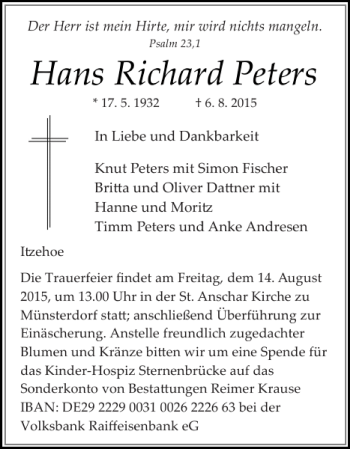 Traueranzeige von Hans Richard Peters von Norddeutsche Rundschau