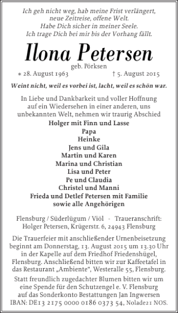 Traueranzeige von Ilona Petersen von Flensburger Tageblatt