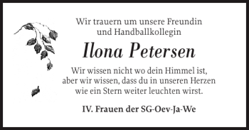 Traueranzeige von Ilona Petersen von Flensburger Tageblatt