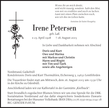 Traueranzeige von Irene Petersen von Husumer Nachrichten