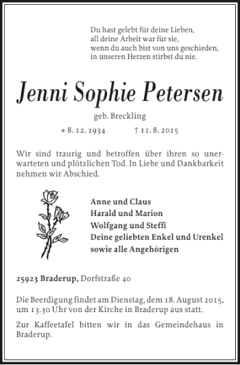 Traueranzeige von Jenni Sophie Petersen von Husumer Nachrichten