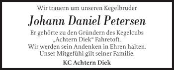 Traueranzeige von Johann Daniel Petersen von Nordfriesland Tageblatt