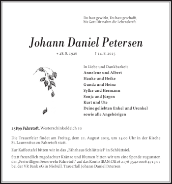 Traueranzeige von Johann Daniel Petersen von Husumer Nachrichten