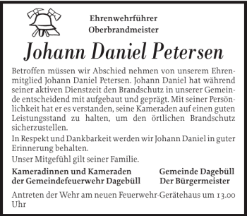 Traueranzeige von Johann Daniel Petersen von Nordfriesland Tageblatt