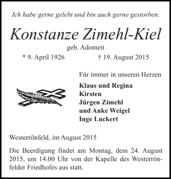 Traueranzeige von Konstanze Zimehl-Kiel von Landeszeitung