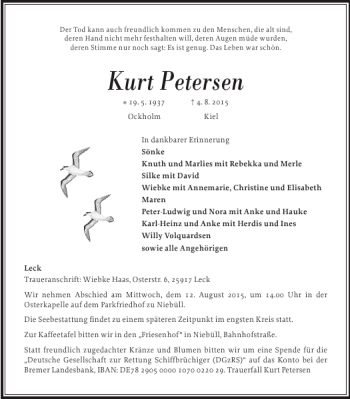 Traueranzeige von Kurt Petersen von Nordfriesland Tageblatt