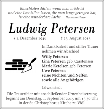 Traueranzeige von Ludwig Petersen von Husumer Nachrichten