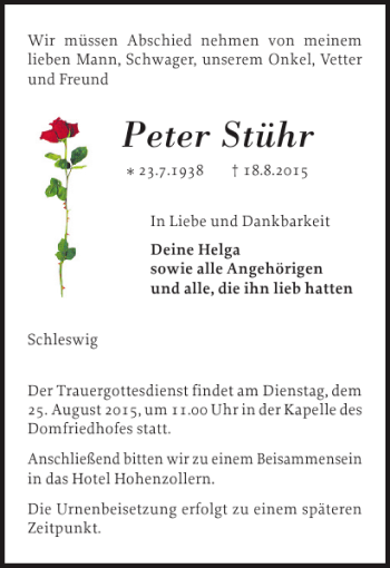 Traueranzeige von Peter Stühr von Schleswiger Nachrichten