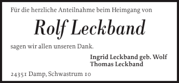 Traueranzeige von Rolf Leckband von Eckernförder Zeitung
