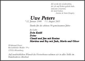 Traueranzeige von Uwe Peters von Stormarner Tageblatt