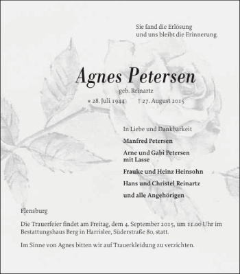 Traueranzeige von Agnes Petersen von Flensburger Tageblatt