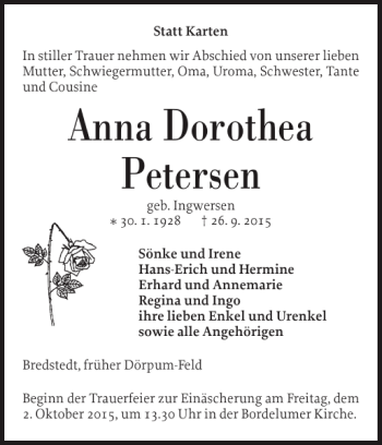 Traueranzeige von Anna Dorothea Petersen von Husumer Nachrichten