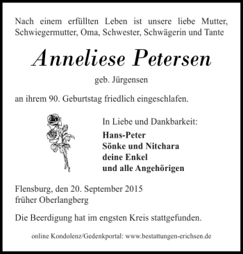 Traueranzeige von Anneliese Petersen von Flensburger Tageblatt