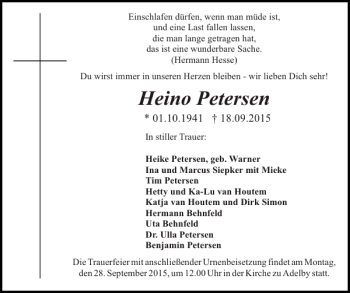 Traueranzeige von Heino Petersen von Flensburger Tageblatt