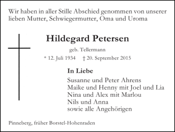Traueranzeige von Hildegard Petersen von Pinneberger Tageblatt