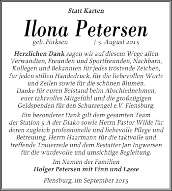 Traueranzeige von Ilona Petersen von Flensburger Tageblatt