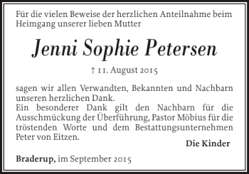 Traueranzeige von Jenni Sophie Petersen von Husumer Nachrichten