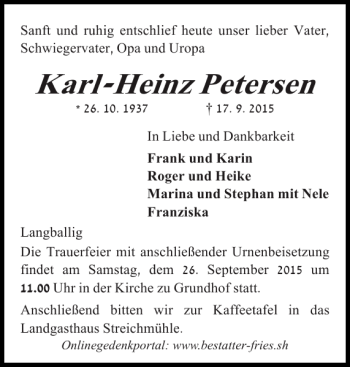 Traueranzeige von Karl-Heinz Petersen von Flensburger Tageblatt