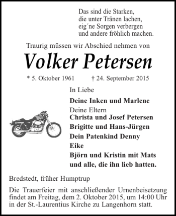 Traueranzeige von Volker Petersen von Husumer Nachrichten