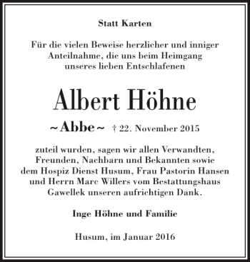 Traueranzeige von Albert Höhne von Husumer Nachrichten