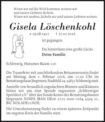Traueranzeige von Gisela Löschenkohl von Schleswiger Nachrichten