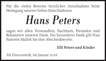 Traueranzeige von Hans Peters von Landeszeitung