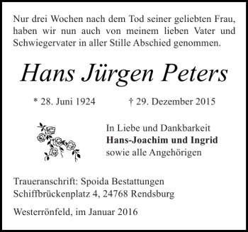 Traueranzeige von Hans Jürgen Peters von Landeszeitung