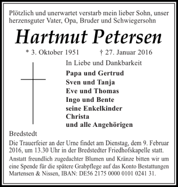 Traueranzeige von Hartmut Petersen von Husumer Nachrichten