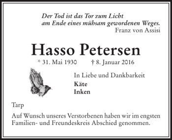 Traueranzeige von Hasso Petersen von Flensburger Tageblatt